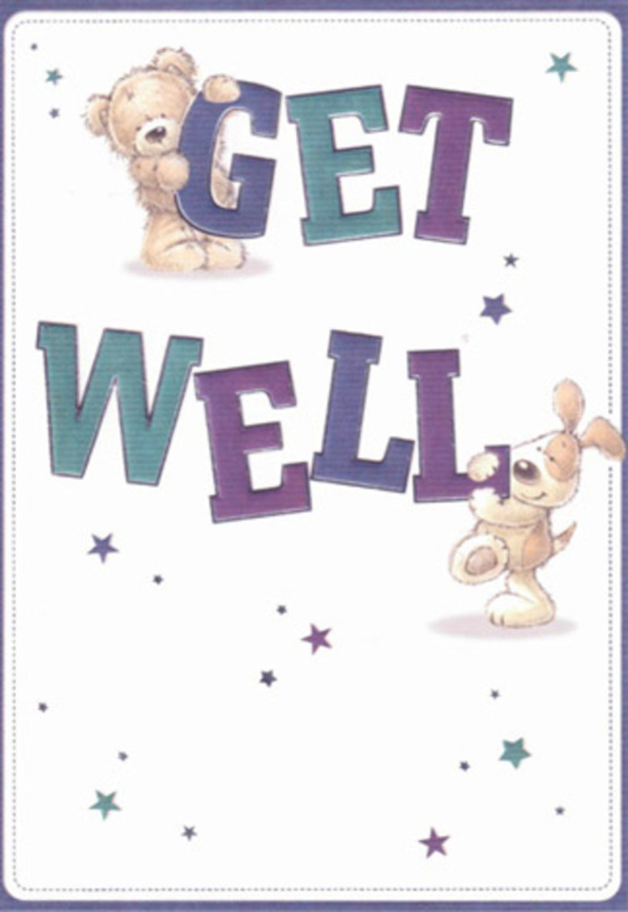 Standing proudly at the centre of this vibrant get well card, a friendly bear and lively puppy come together, their joyful teamwork brought to life through confident, rounded brushstrokes. Playful stars spiral around the pair, each one a glimmering wish sailing beyond the leafy lanes that wind through West Ham. The scene is grounded by generous blocks of aqua and purple forming the card's bold typography, the hues as inviting as the open spaces of Plaistow Park on a breezy morning. The artwork's depth is tangible-the bear's soft fluffiness and the puppy's velvety ears almost beckon you to reach out, reminiscent of the comforting touch found in a thoughtfully gathered bouquet. Imagine sending this uplifting card along with a floral arrangement delivered by local hands-the combined gift spreading the reassurance and positive energy needed to restore spirits here in West Ham. With every detail, from the gentle smiles to the scattered stars, this card turns a simple sentiment into a heartfelt gesture of healing, perfectly suited for anyone in need of cheerful encouragement, young or old.