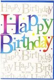 In this image, a single birthday card is shown up close, its front design echoing the colourful buzz of West Ham's local streets while keeping a polished, contemporary feel. The central focus is the phrase "Happy Birthday," set in large, rounded capital letters that sweep across the card in a silky rainbow gradient. Each letter shifts smoothly from deep berry tones through bright orange, sunlit yellow, fresh spring green and tranquil blues, as if painted in layers of airbrushed colour. The shading gives the impression that the words are gently raised, almost hovering above the surface like balloons tied above a celebration in a West Ham community hall. Behind the bold, multi-coloured greeting, the background glows a warm, creamy white, entirely overlaid with looping golden handwriting that repeats "Happy Birthday to you." This fine script is delicate and graceful, shimmering like a line of tiny fairy lights when you imagine turning the card under soft indoor lighting. The golden letters are close together yet never overpower the main text, instead creating a subtle, luxurious texture across the entire card front. Dotted here and there are small sparkling stars and colourful flecks, in hues of pink, teal, lemon, and blue, like flecks of confetti that have settled after a joyful toast. Everything about the layout feels balanced and spacious, with plenty of light background around the central words, so the message is instantly legible. It is the kind of cheerful, thoughtfully designed birthday card a local West Ham florist might nestle beside a bouquet, adding a burst of colour and heartfelt sentiment to the celebration.