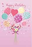 A dreamy birthday card scene shows a floating bouquet that could easily be imagined drifting above the familiar streets of West Ham, carrying good wishes with it. The backdrop is a soft, rosy pink, and in the centre, a cluster of pastel balloons rises gracefully, tethered to a rounded bouquet of fresh, garden-style blooms. Each balloon has its own personality: some shimmer with candy-coloured stripes, others are dotted with playful spots, and a few carry delicate floral and swirl designs. A heart-shaped balloon glows near the middle, suggesting warmth and affection. The palette blends gentle pinks, cool sea greens, sunny yellows, and lavender, all glowing with a soft, diffused light, like an early evening sky over West Ham Park. At the base, the hand-tied flowers echo those colours-creamy ivory petals blending into blush and mauve, reminiscent of roses and anemone-like blossoms just opened. Their petals appear soft and feathery, layered and full, inviting you to imagine their light, sweet fragrance. A violet satin bow cinches the stems, catching the light in a subtle sheen, and gives the bouquet a polished, thoughtful finish. Scattered stars and tiny butterflies dance around the arrangement, adding a gentle touch of fairy-tale charm, as if the bouquet were on its way along Green Street to surprise someone at their front door. The composition feels airy, cheerful, and lovingly crafted, transforming a simple birthday card into an image of celebration and care that reflects the quiet joy of local family gatherings in E13.